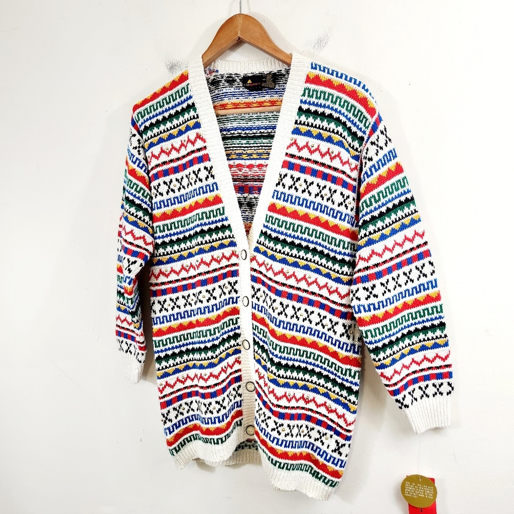 Vintage White Multicolor Patterned Cardigan
